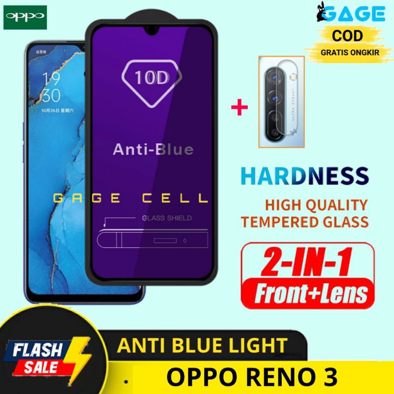 2IN1 TEMPERED GLASS ANTI BLUE LIGHT OPPO RENO 3 - TG ANTI GORES FULL LAYAR KAMERA OPPO RENO3 PREMIUM