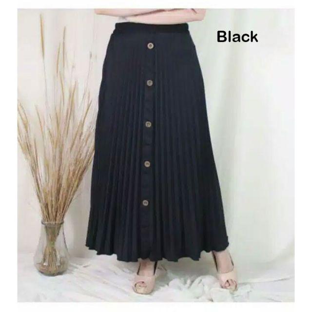 ROK WANITA PLISKET VARIASI KANCING DEPAN - BAHAN HYGET SYPER ( PREMIUM )-Black
