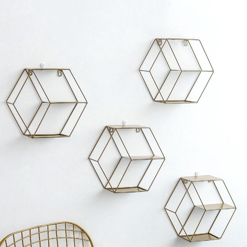 Hexagon Geometris Kerajinan  Besi  Dinding Rak Rak Dekorasi 