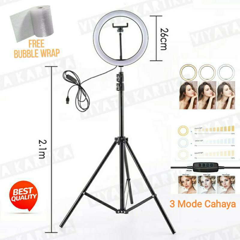 ring light 26 cm + tripod stand 2.1 m lampu make up live streaming vlogger