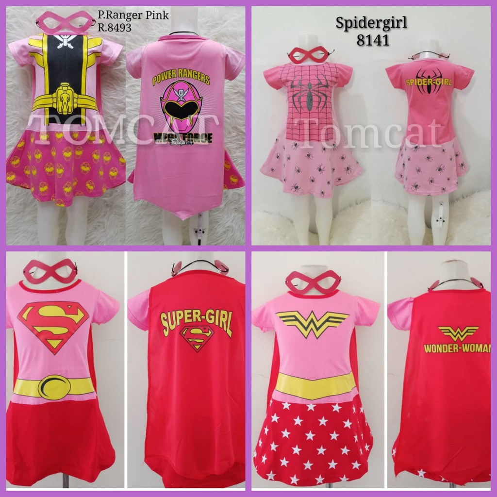 Kostum Anak Superhero Dress Baju Perempuan Supergirl Spider Girl Power Ranger Pink Sayap Topeng