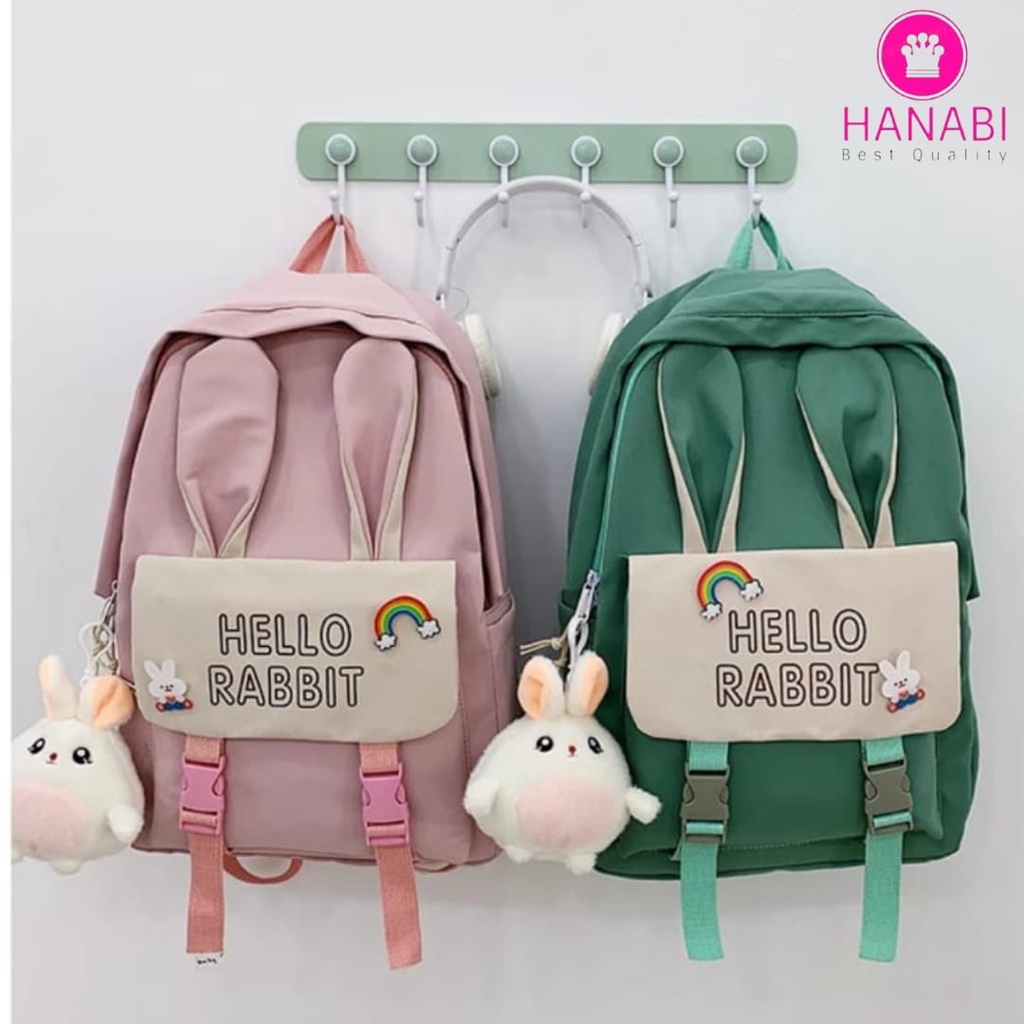 HANABI - Tas ransel sekolah HELLO RABBIT + PATCH tas wanita tas remaja murmer