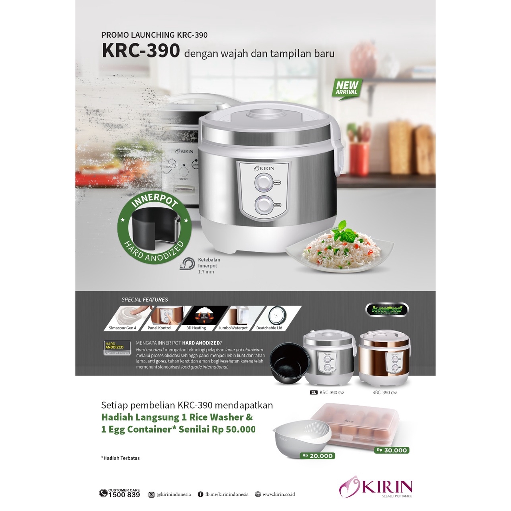 Kirin KRC-390 Rice Cooker 2L Dengan Inner Pot Aluminium Anti Gores