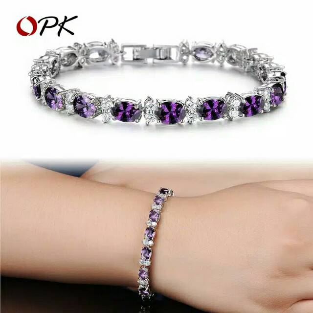 Gelang Titanium Stainless Lapis Emas Anti Karat Berkualitas Model Permata Ungu
