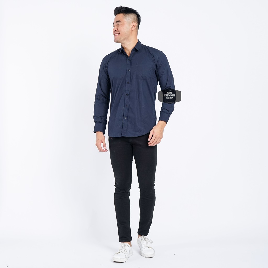 Kemeja Pria Lengan Panjang Polos Biru Navy Dark Blue Navy Polos Slimfit Casual 3264