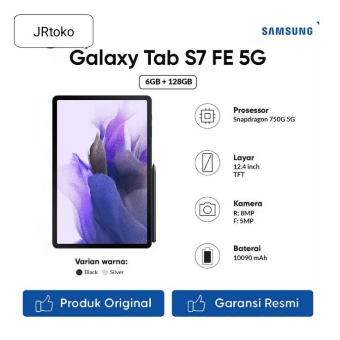 TAB TABLET SAMSUNG S7 FE JARINGAN 5G RAM 6GB 6/128 GARANSI RESMI TAM 1TH DIJAMIN NEW ORI ASLI BARU