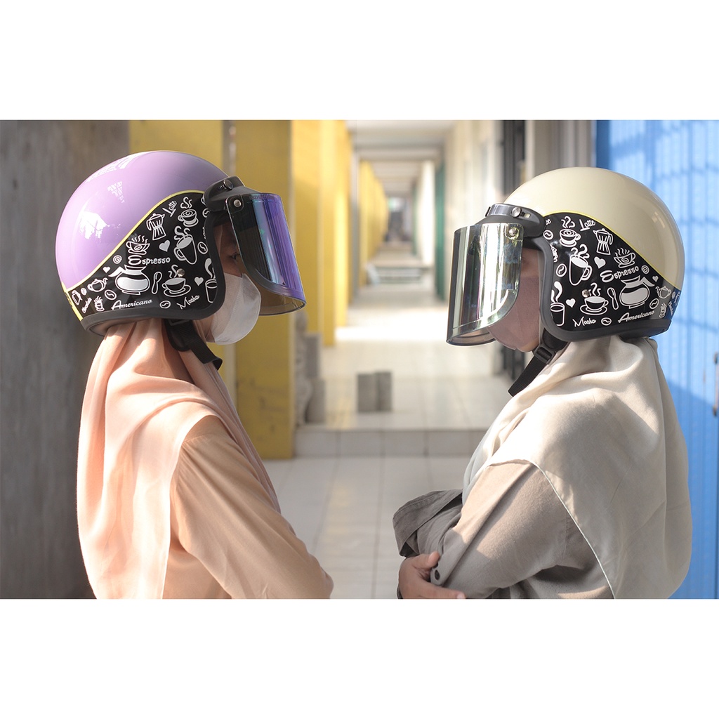 Helm Bogo Dewasa Motif Coffe Kaca Datar Kaca Cembung PREMIUM Untuk helm Wanita Dan Pria COD