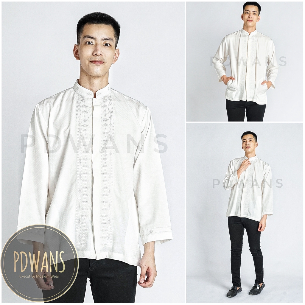 Baju Koko Muslim Dewasa Lengan Panjang Kemeja Koko Bordir Putih Tulang PDWANS - RDPJG02-1