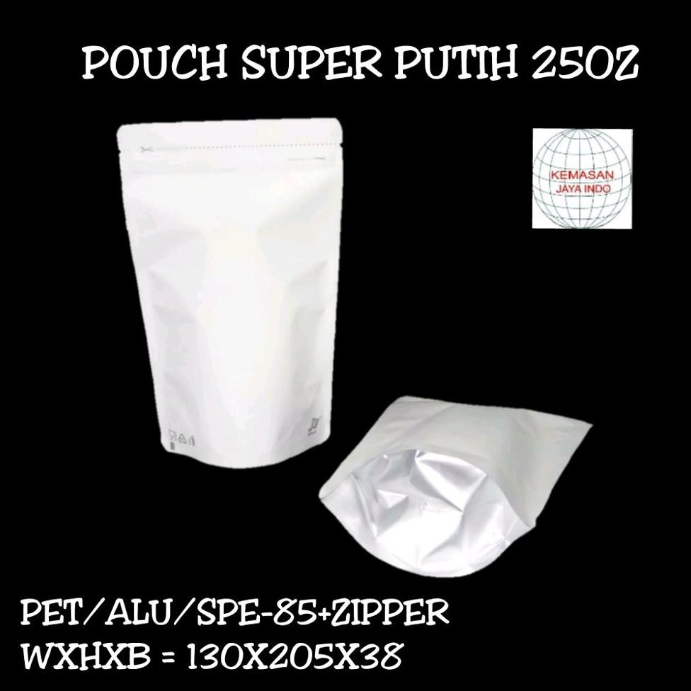 Promo Standing Pouch Alufoil Putih 250 Zipper. kemasan kopi. standing pouch