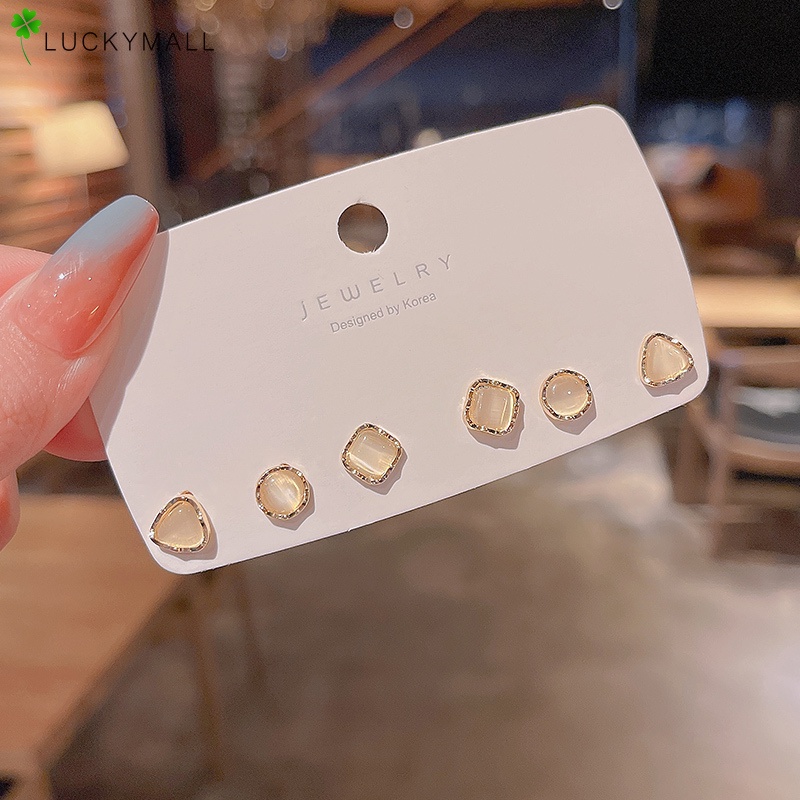 Set Anting Stud Opal Bentuk Persegi Bulat Segitiga Untuk Wanita