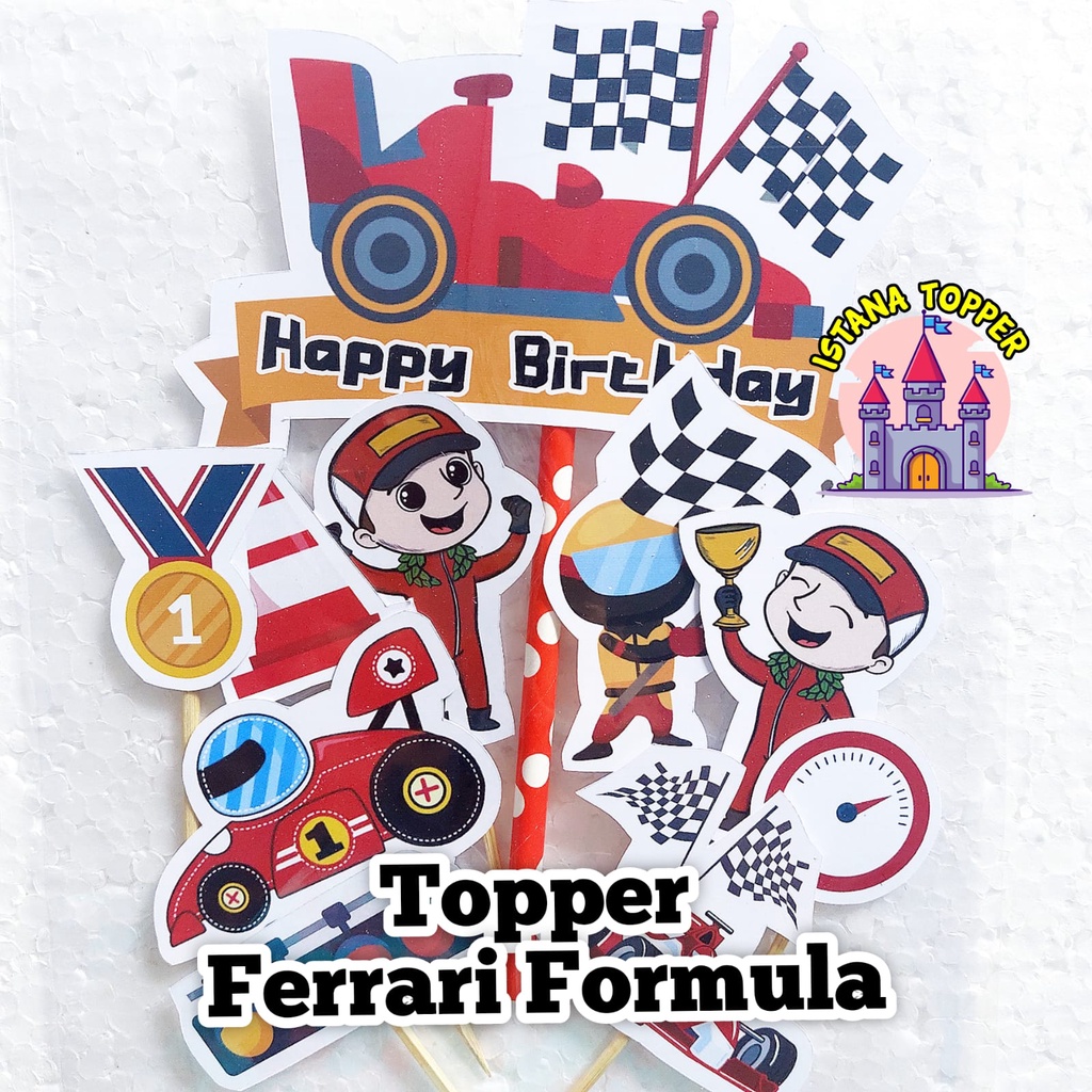 Topper Cake Ultah Tema Ferrari Formula / Topper Mobil Ferari / Perlengkapan Ultah