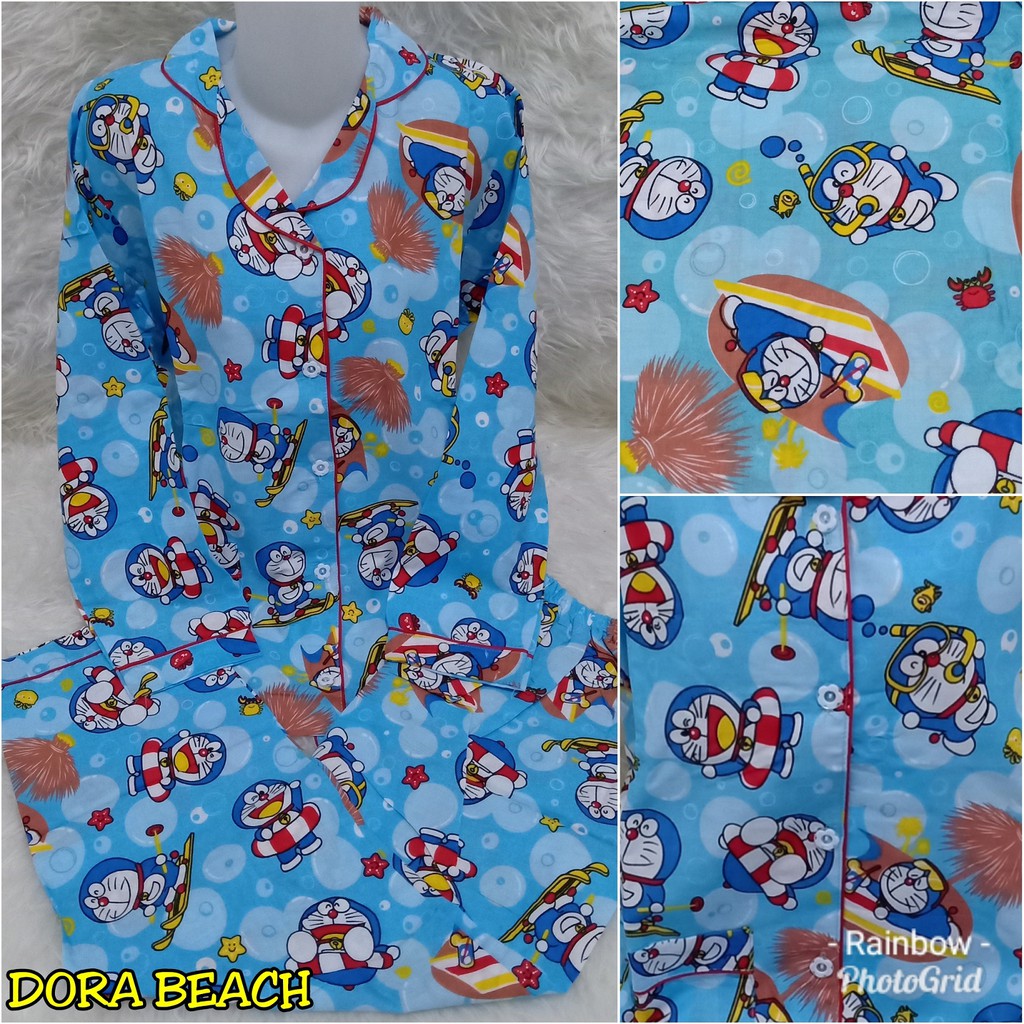 Piyama dewasa PP panjang, katun jepang, fit to L ,motif DORAEMON /DORA BEACH/DORA SPORT/DORA NOBITA