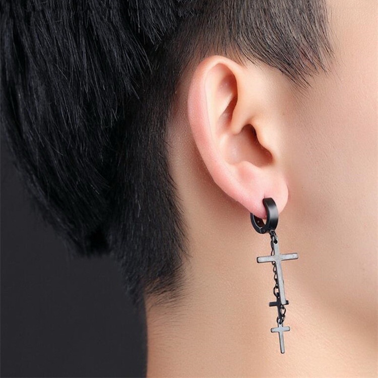 1 Pc Anting Stud Tanpa Tindik Desain Salib Bahan Stainless Steel Gaya Hip Hop Punk Untuk Pria