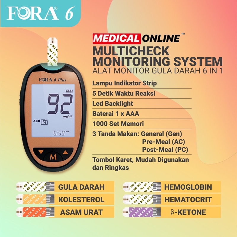 FORA 6 PLUS 6 IN 1 FORA MESIN PARAMETER GULA KOLESTROL UA KETONE HB HEMATOCRIT MEDICALONLINE