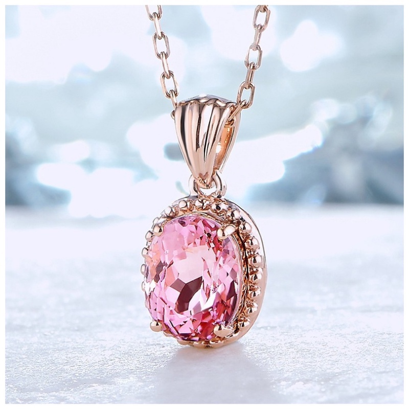 Kalung Lapis Rose Gold Emas Asli Kadar 375Hias Liontin Kristal Turmalin Pink Untuk Wanita