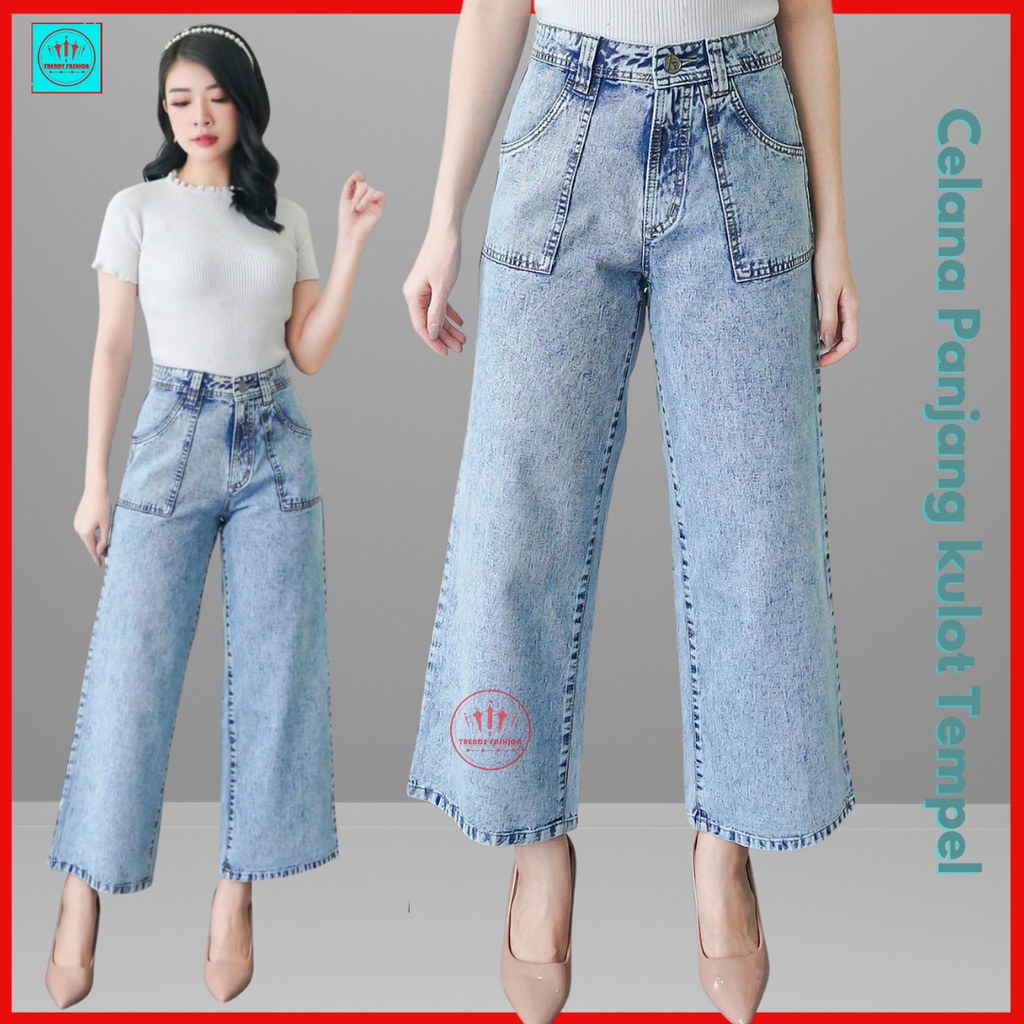 Vivo celana panjang kulot jeans wanita model kulot saku tempel jeans  remaja/dewasa blue jeans terba