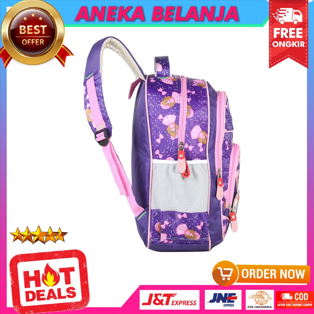 Tas Sekolah Anak SD Model Cahaya Princess STrip Ungu Free Tempat Pensil Free Raincover Berkualitas