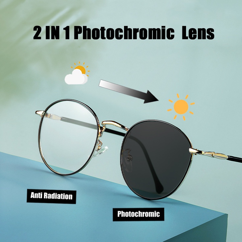 Kacamata Anti Radiasi Photochromic Bingkai Bulat Bahan Logam Anti Blue Ray Untuk Pria Dan Wanita