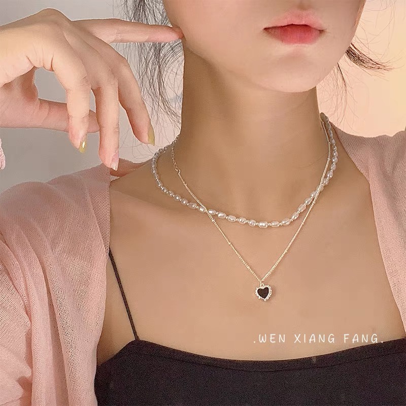 Kalung Rantai Choker Liontin Hati Hitam Ganda Hias Mutiara Warna Silver Untuk Wanita