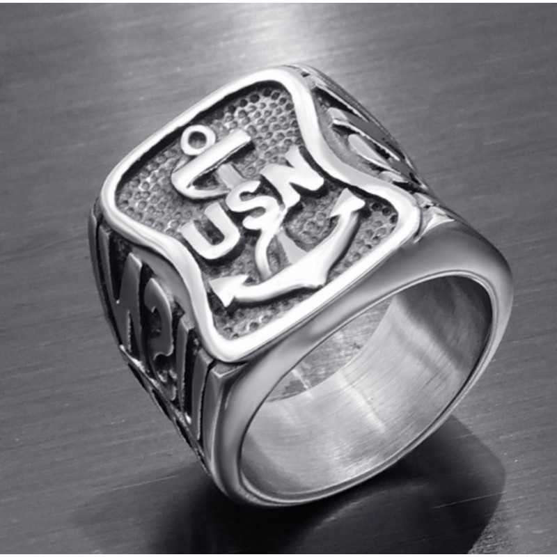 Cincin Bahan Titanium Desain Jangkar+Tulisan 'USN' Gaya Angkatan Laut AS/Punk untuk Pria