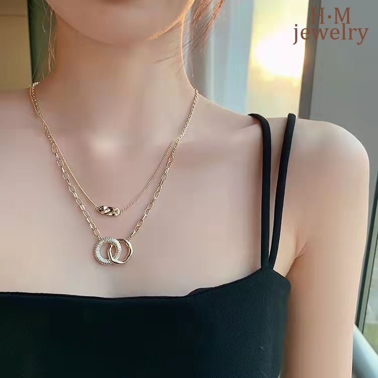 Kalung Rantai Dua Lapis Dengan Liontin Cincin Ganda Untuk Wanita