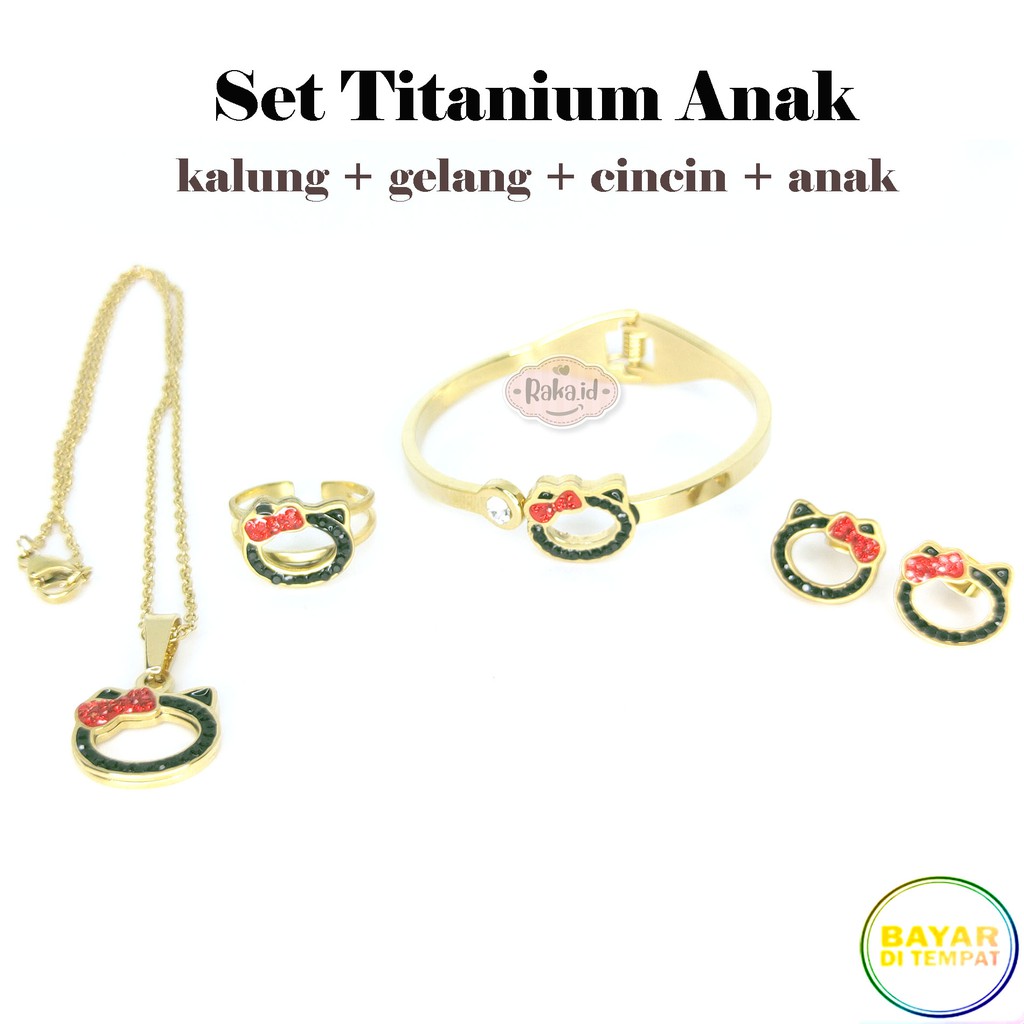 Paket Set Titanium Anak Kalung + Gelang + Cincin + Anting Hello Kitty Hitam Merah 640