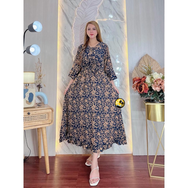 Long Dress Maura Daster Panjang Maura Kancing Depan Batik Lengan 3/4 Bahan Rayon Ori Tebal Adem Bagus Murah