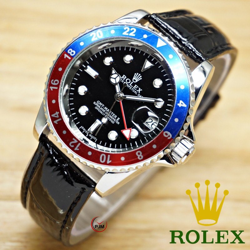 Jam Tangan Pria Rolex GMT Automatic Kulit Lis Biru Merah