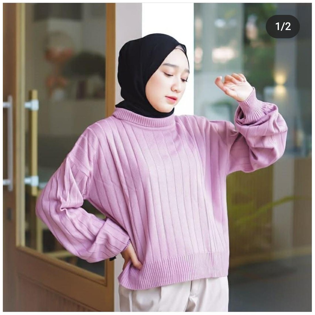 COD Delona Crop Turtle - Sweater Turtleneck Lengan Balon - Atasan Rajut Wanita Premium Terbaru 2021