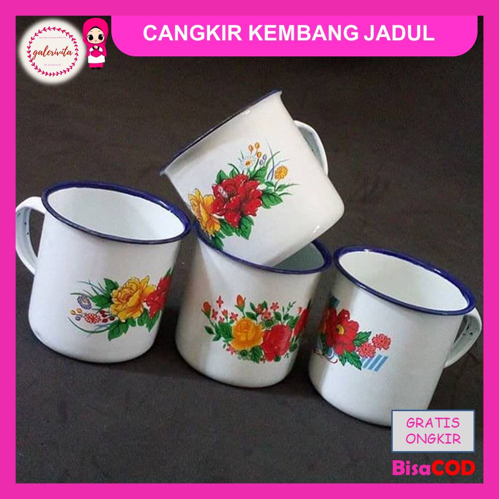 Cangkir Kembang 7 Cm / Enamel Gelas Seng / Gelas Kaleng Bunga Jadul