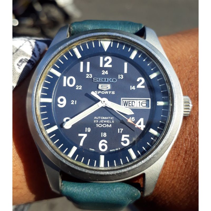 Jam Tanga  Seiko 5 Military Sport Automatic Original Dim Besar Blue Dial