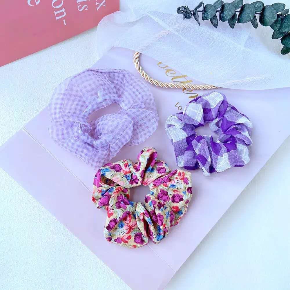 (AL) 3Pcs/Set Ikat Rambut H159 Scrunchies Ponytail Elastis Bahan Sifon Motif Bunga Daisy Gaya Korea -4