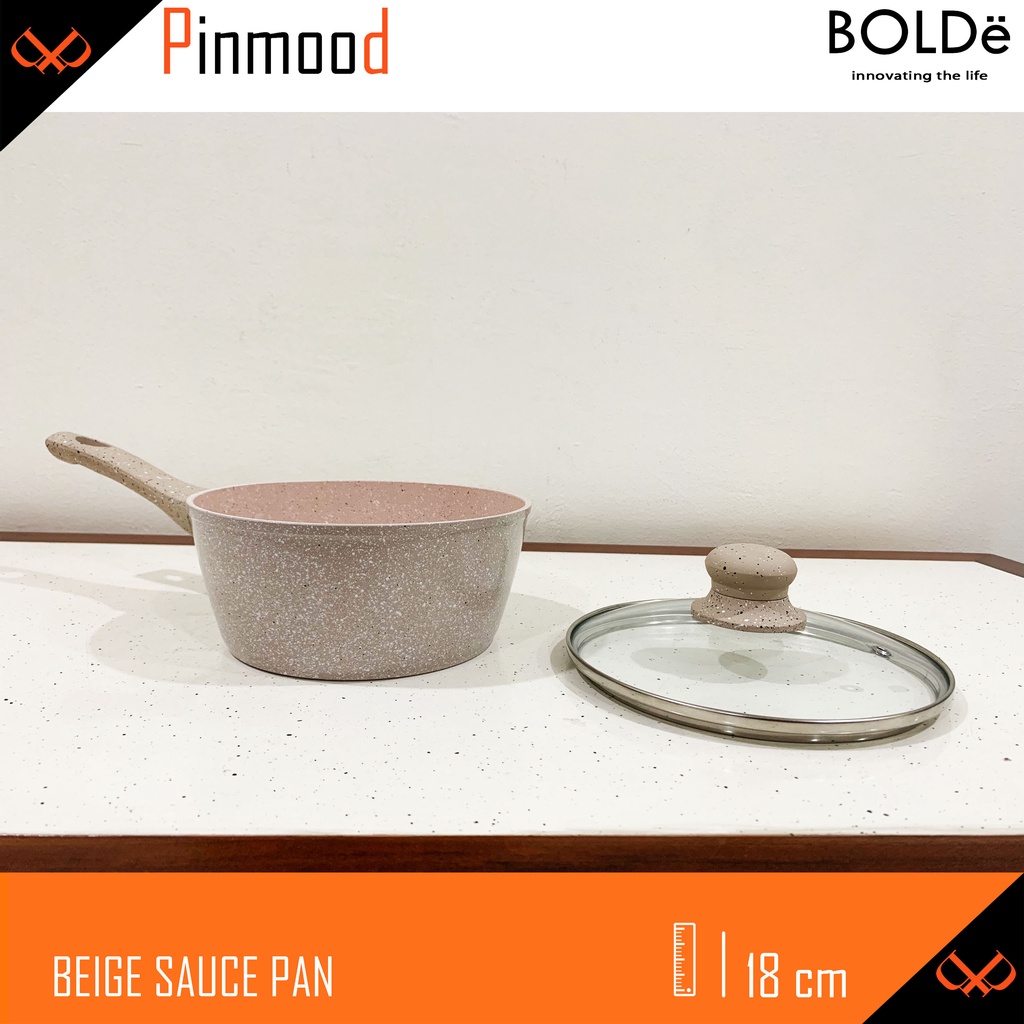 BOLDE BEIGE SAUCE PAN 18 CM + GLASS LID / TUTUP KACA SUPER PAN COATING GRANITE PANCI PENGGORENGAN WAJAN ANTI LENGKET SAUS