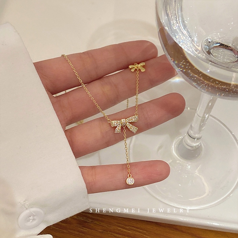 Kalung Rantai Desain Pita Aksen Berlian Gaya Korea
