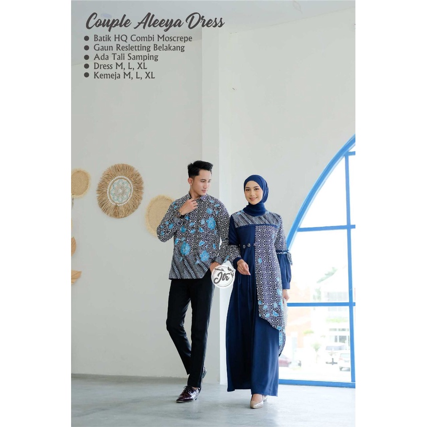Navy Couple Gamis Batik Kombinasi Polos Couple Pesta Baju Kondangan Gamis Syar'i Set Batik