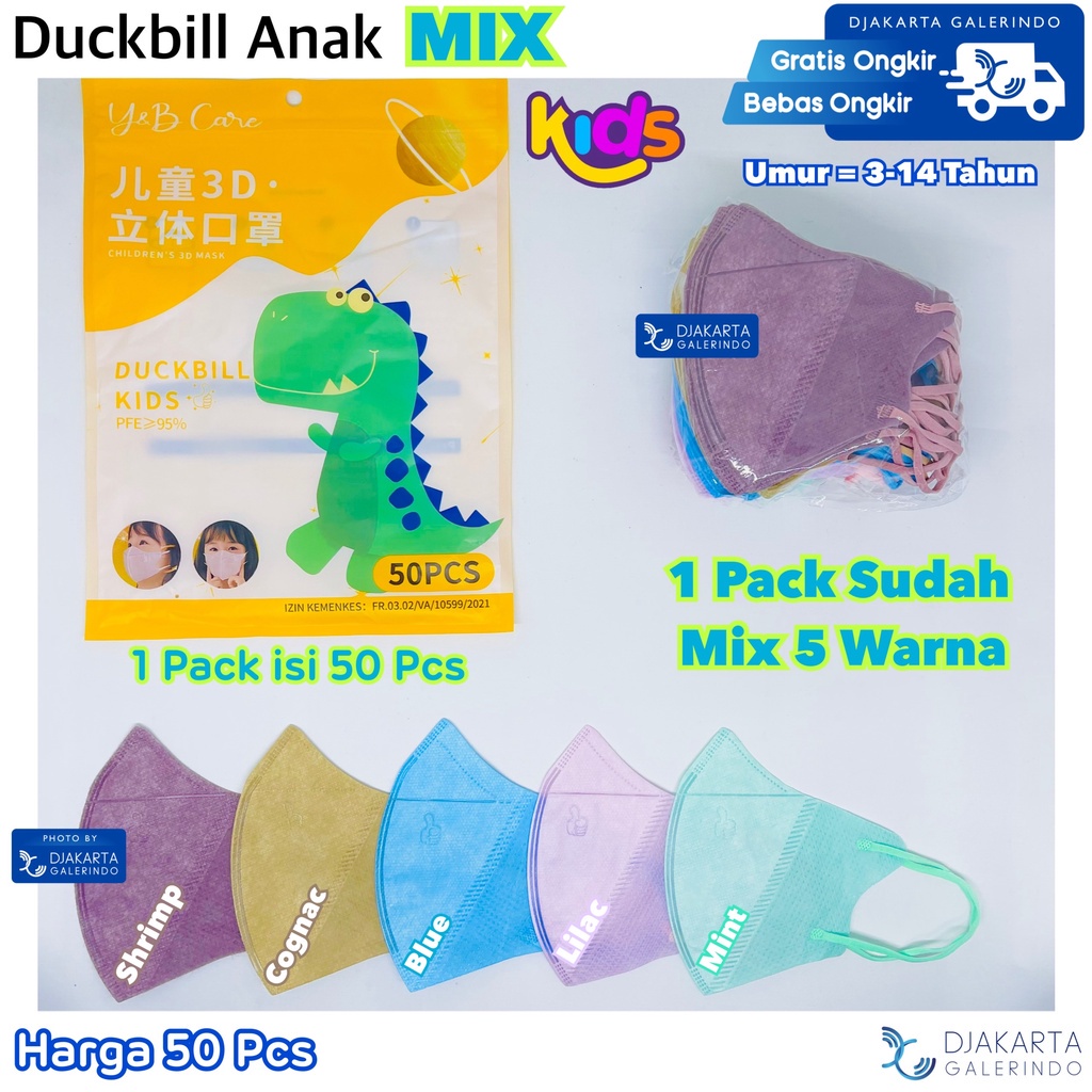 Masker Duckbill Anak Mix Warna Y&amp;B Care Original isi 50Pcs