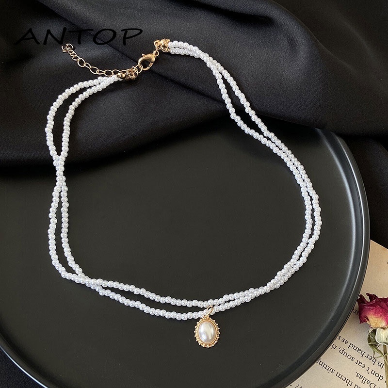 Kalung Choker Rantai Klavikula Hias Mutiara Ganda Gaya Vintage Untuk Perhiasan ANTOP