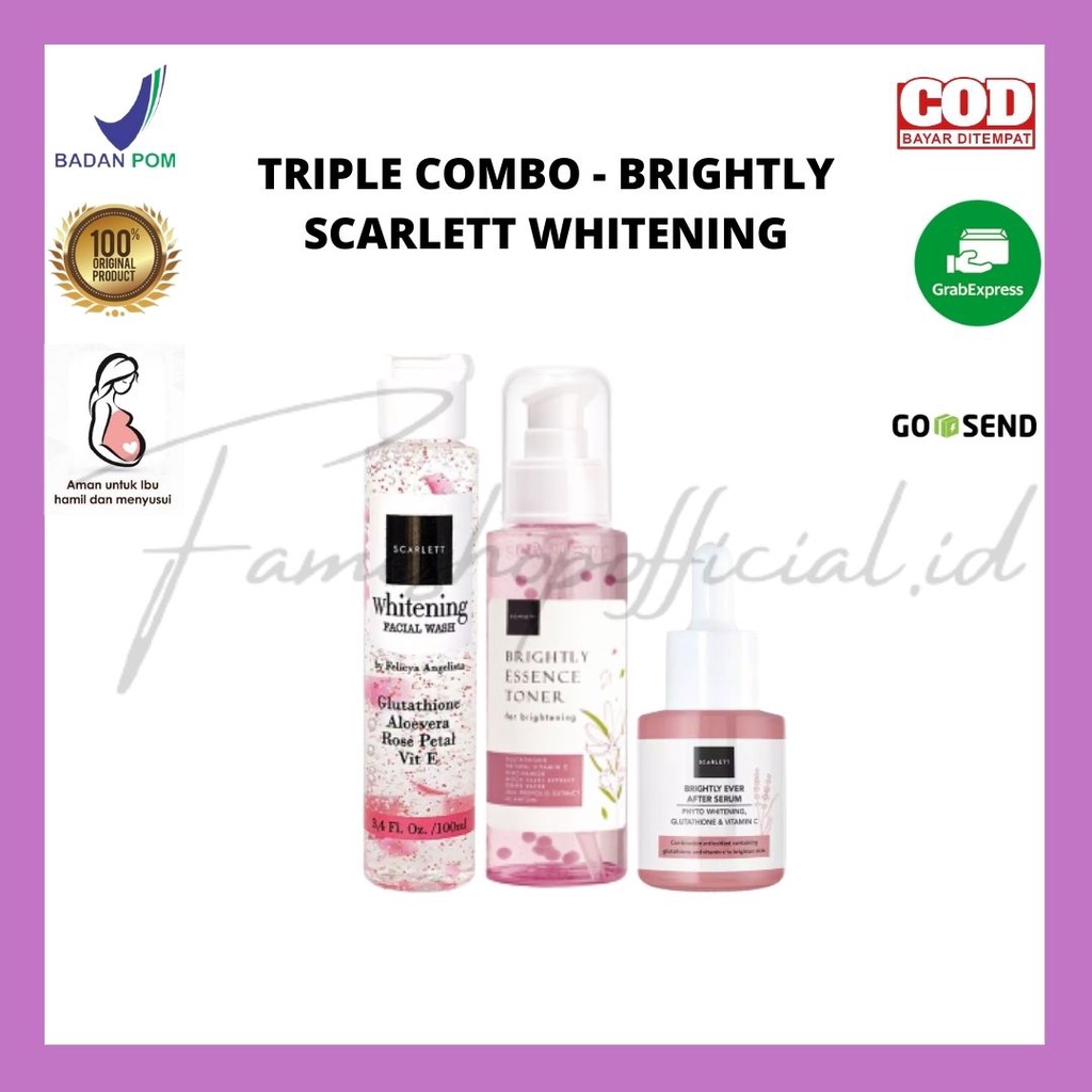 FAMESHOP - TRIPLE COMBO BRIGHTLY &amp; ACNE SCARLETT WHITENING | dengan Cream/facial wash &amp; Toner