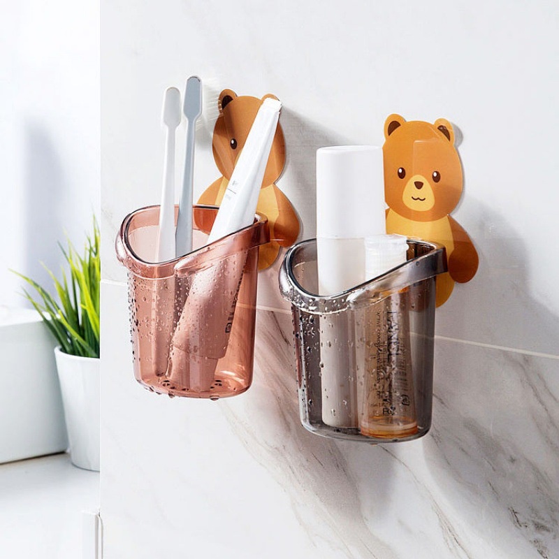 1pc Free Punch Wall Mounted Bear Toothbrush Storage Holder for Bathroom