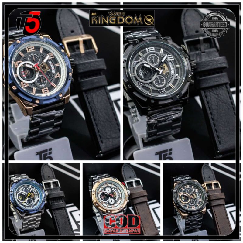 Best Seller Jamtangan pria T5 H 3706G Original, Stainless steel chain + strap leather water resist i