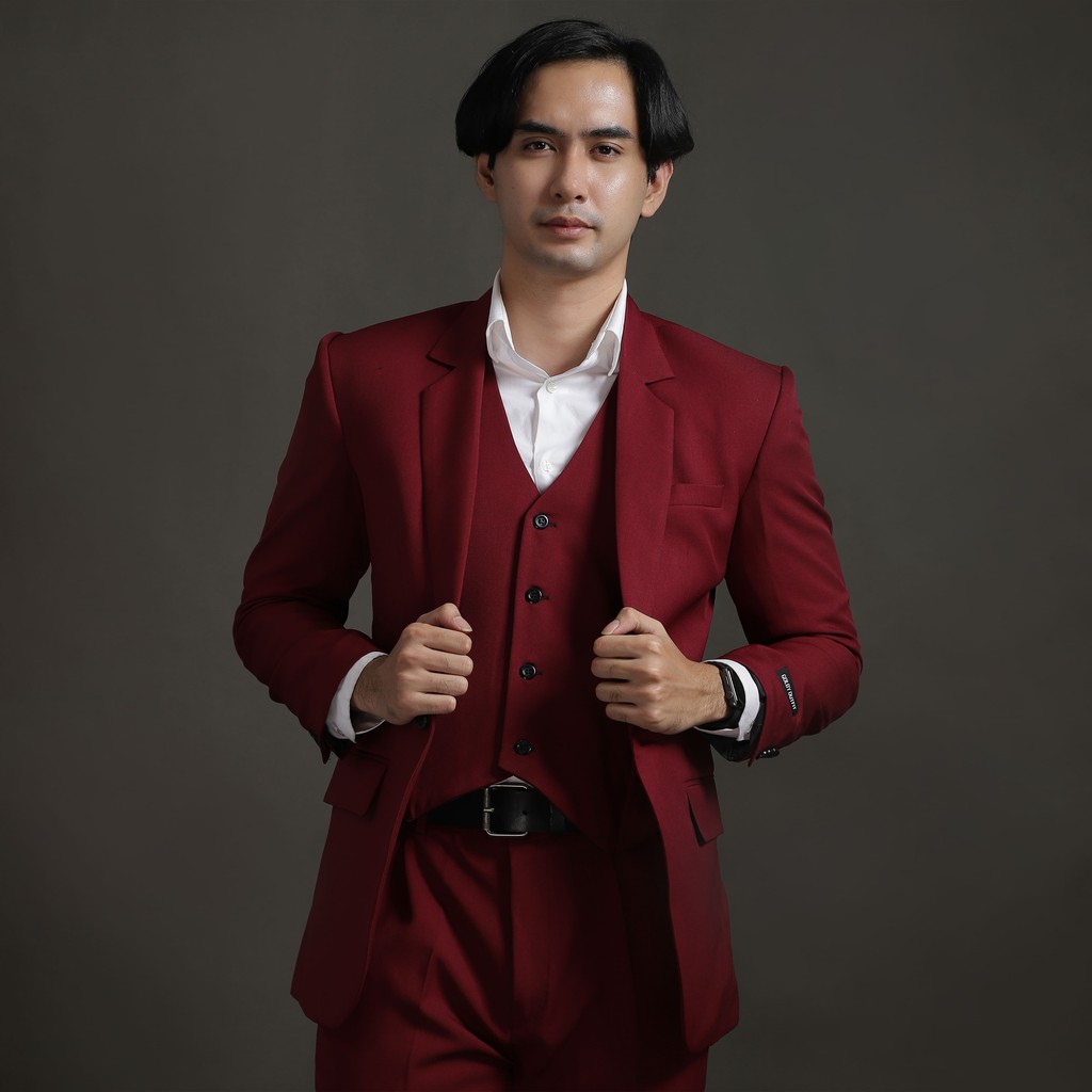 Setelan Jas Celana &amp; Rompi Pria Premium - Merah Maron - VENTE SERIES - GOLDY OUTFIT