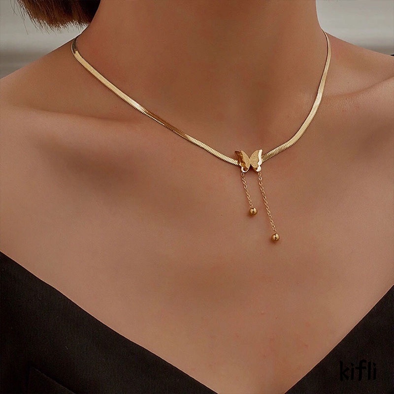 18K,Kalung Titanium Anti Karat,Kupu Rumbai Rantai Tulang Ular,Aksesoris Fashion Wanita