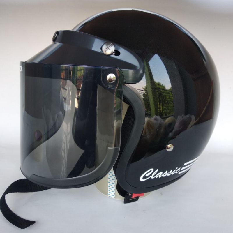 COD HELM BOGO DEWASA CLASIC GARIS  DEWASA POLOS GARIS KACA FLAT DATAR DAN KACA CEMBUNG-Hitam glossy