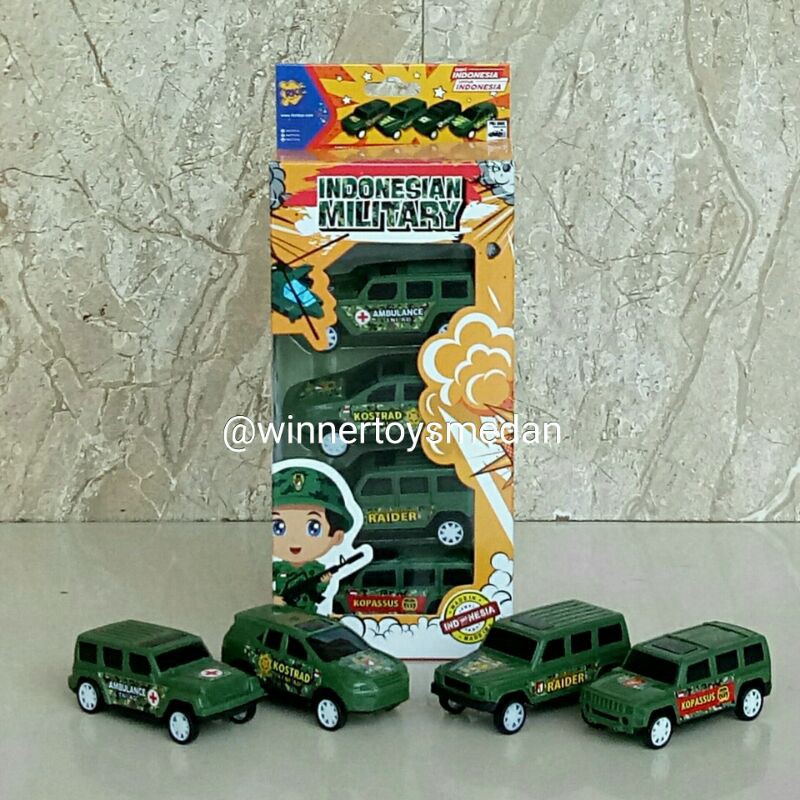 Mainan Mobil Jeep Tentara 4pcs / Mainan Mobil Indonesia Military / Mainan Mobil Polisi SUV jeep