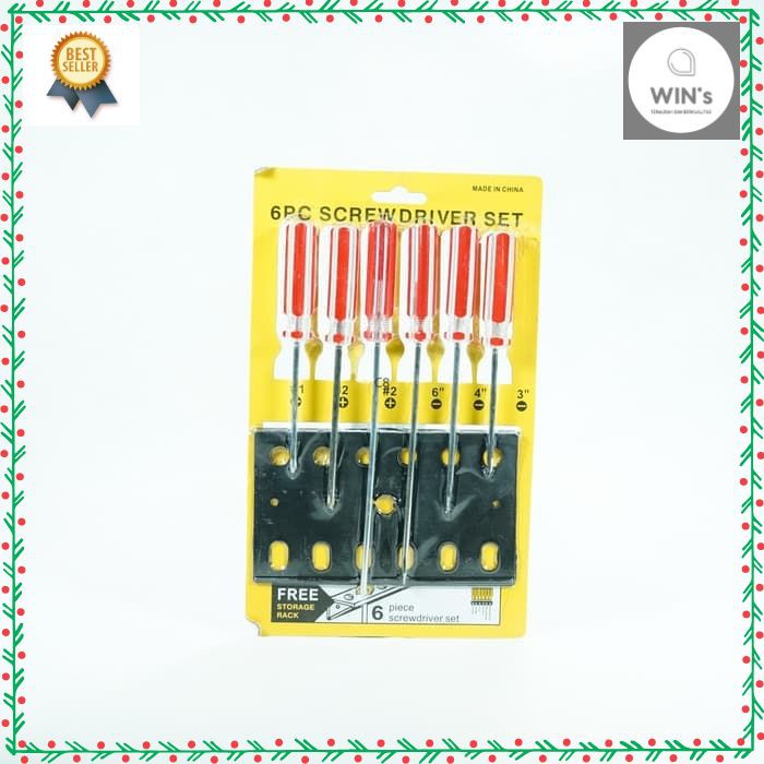 C162 Obeng Merah set isi 6 Obeng fullset panjang pendek Obeng belimbing Obeng plus minus