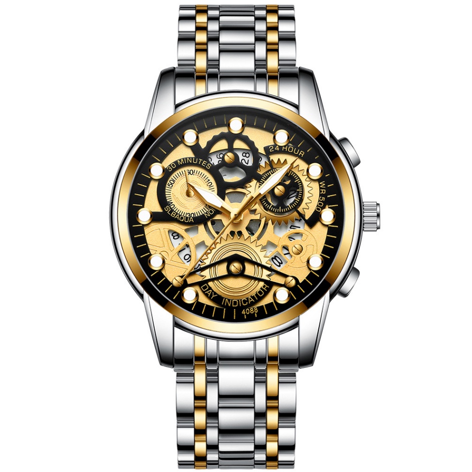 【TERMURAH】AOKEYO 4088 ✅COD Jam Tangan Pria Anti Air Original Luxury Stainless Steel（Free BOX+Kartu Garansi）-Silve Black Gold