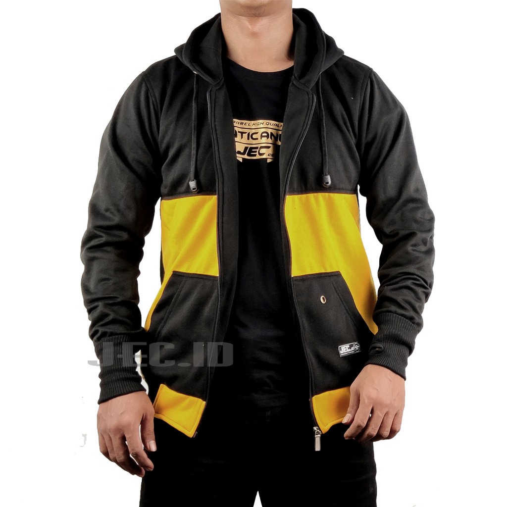 JEC Jaket Hoodie Zipper Combi Hitam Kuning Full Premium | Sweater | Switer | Unisex | Fleece |Distro