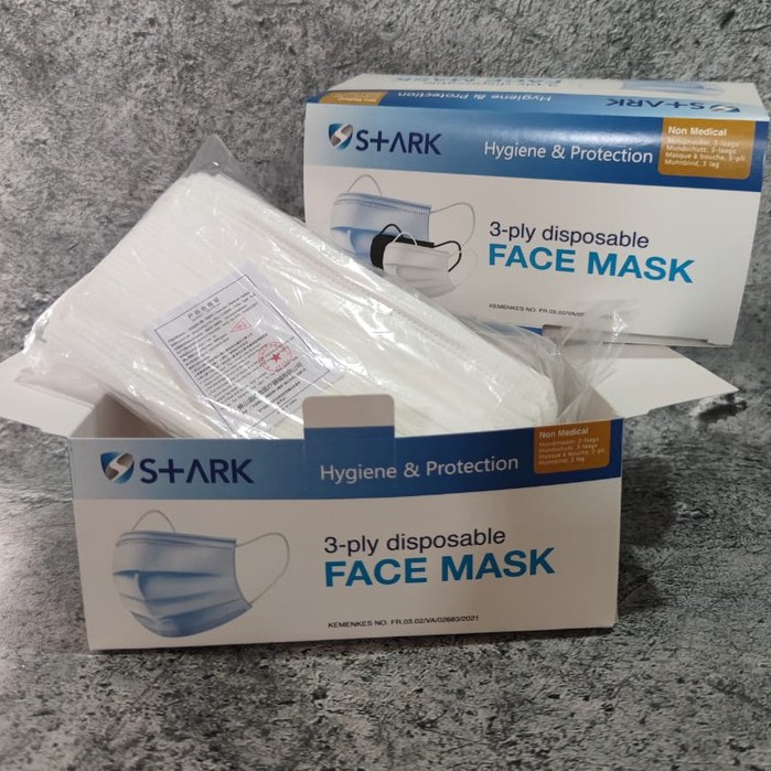 MASKER 3PLY STARK PUTIH WHITE PP 50 NON WOVEN EARLOOP DISPOSABLE FACE MASK ISI 50 PC