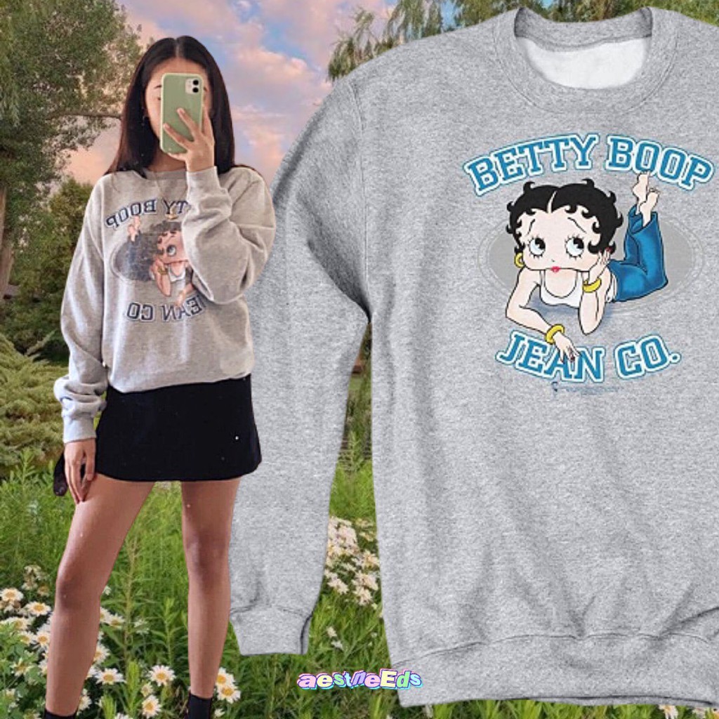 BETTY BOOP CREWNECK GRAY AESTNEEDS Aesthetic Betty Boop Vintage Y2K Sweater Crewneck