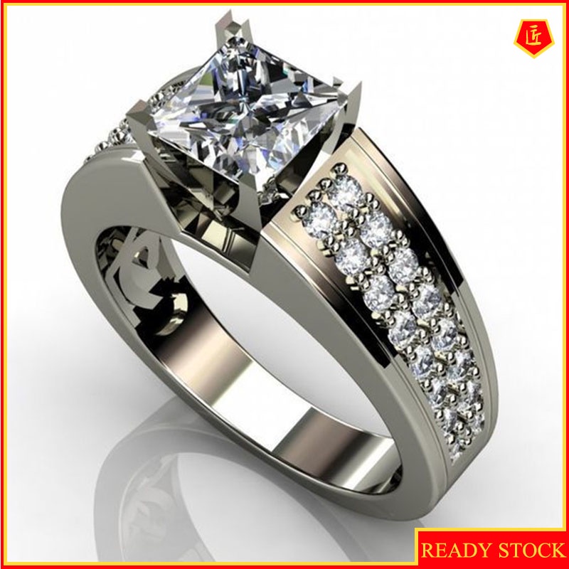 [Ready Stock]Inlaid Square Diamond Ring Stylish and Simple Personality